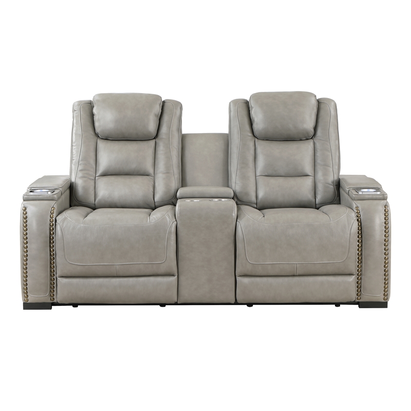 Pemberly Row Contemporary Leather Power Console Loveseat in Gray