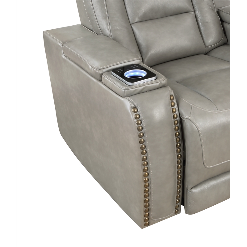 Pemberly Row Contemporary Leather Power Console Loveseat in Gray