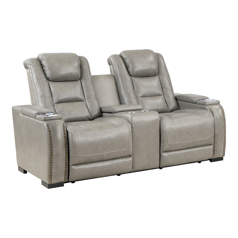 Pemberly Row Contemporary Leather Power Console Loveseat in Gray