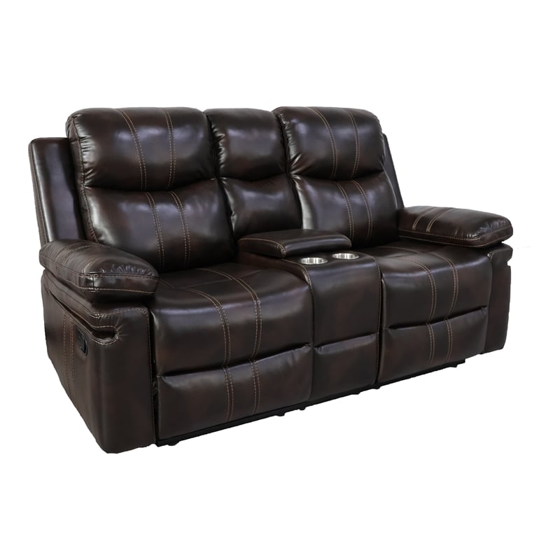 Pemberly Row Modern Faux Leather Console Loveseat w/Dual Recliner Brown