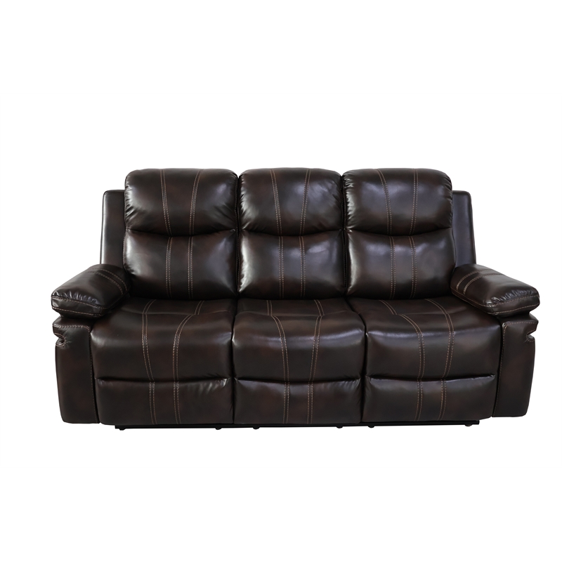 Pemberly Row Modern Faux Leather Sofa with Dual Recliners in Brown