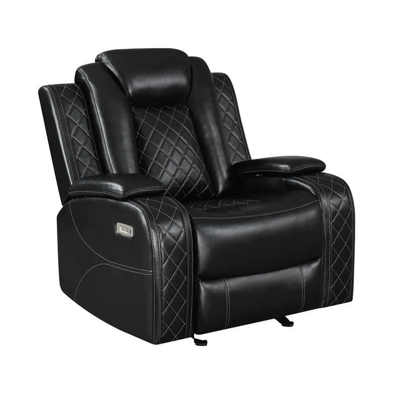 Pemberly Row Modern 3-Pc Faux Leather Power Living Room Set in Black