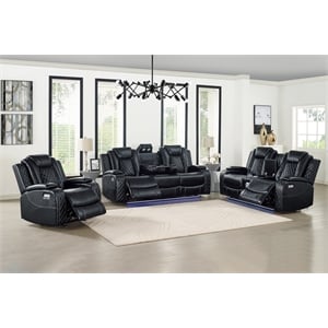 Pemberly Row Modern 3-Pc Faux Leather Power Living Room Set in Black