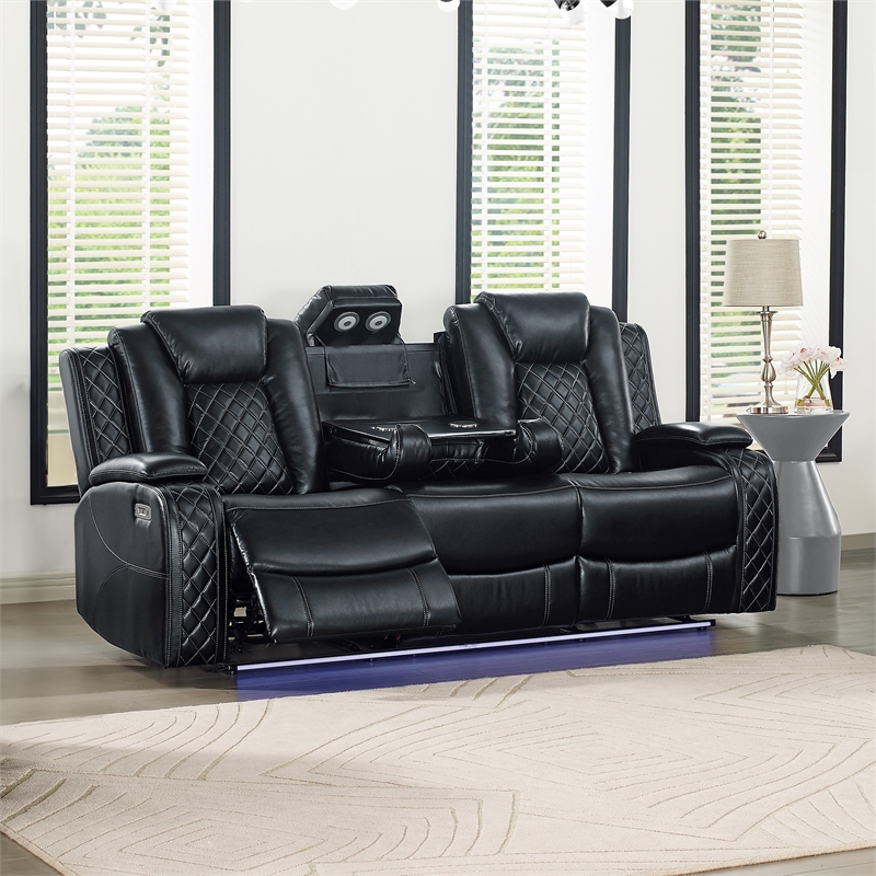 Pemberly Row Contemporary Faux Leather Power Sofa in Black Finish