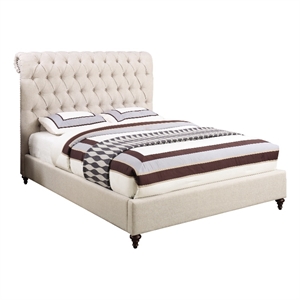 Pemberly Row Button Tufted Upholstered Fabric Queen Bed in Beige