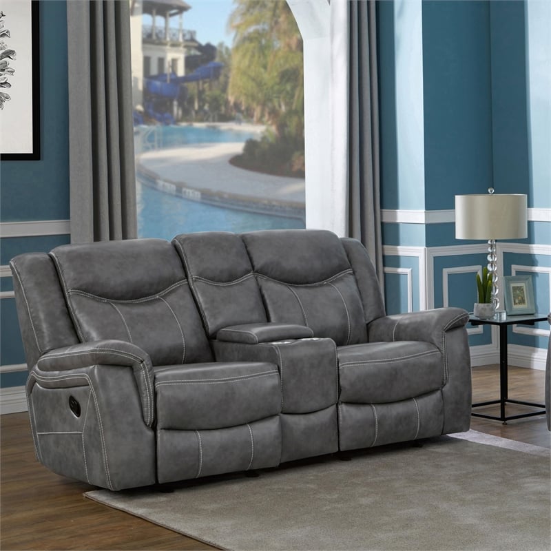 Pemberly Row Contemporary Faux Leather Motion Reclining Loveseat in Gray