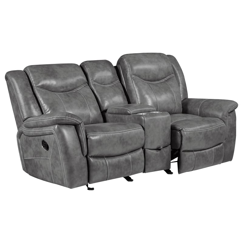 Pemberly Row Contemporary Faux Leather Motion Reclining Loveseat in Gray