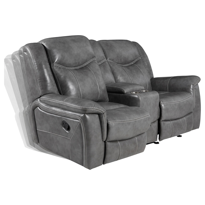 Pemberly Row Contemporary Faux Leather Motion Reclining Loveseat in Gray