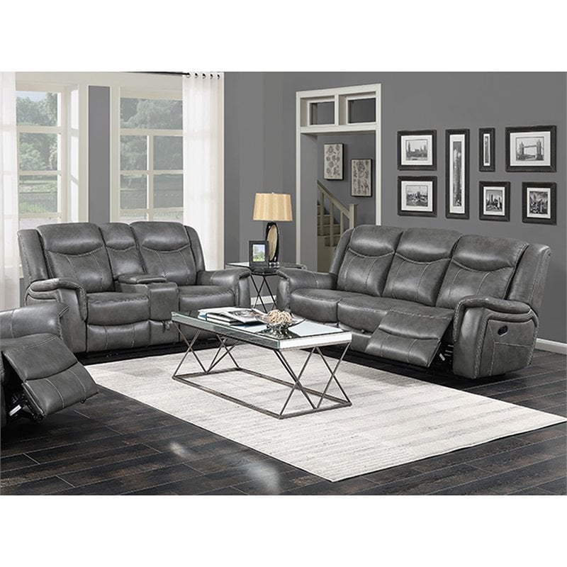 Pemberly Row 2-Piece Upholstered Faux Leather Motion Sofa Set in Gray