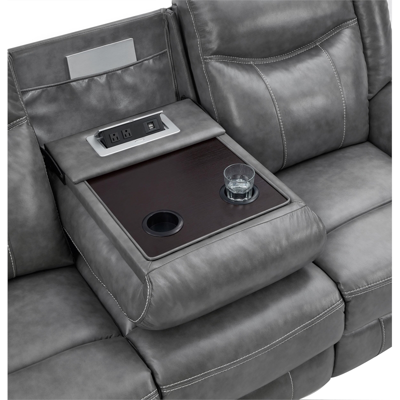 Pemberly Row Contemporary Upholstered Faux Leather Motion Sofa in Gray