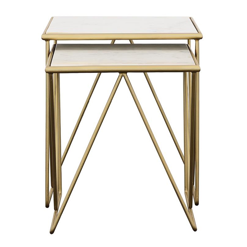 Pemberly Row 2-Piece Marble Top Nesting Table in White and Gold