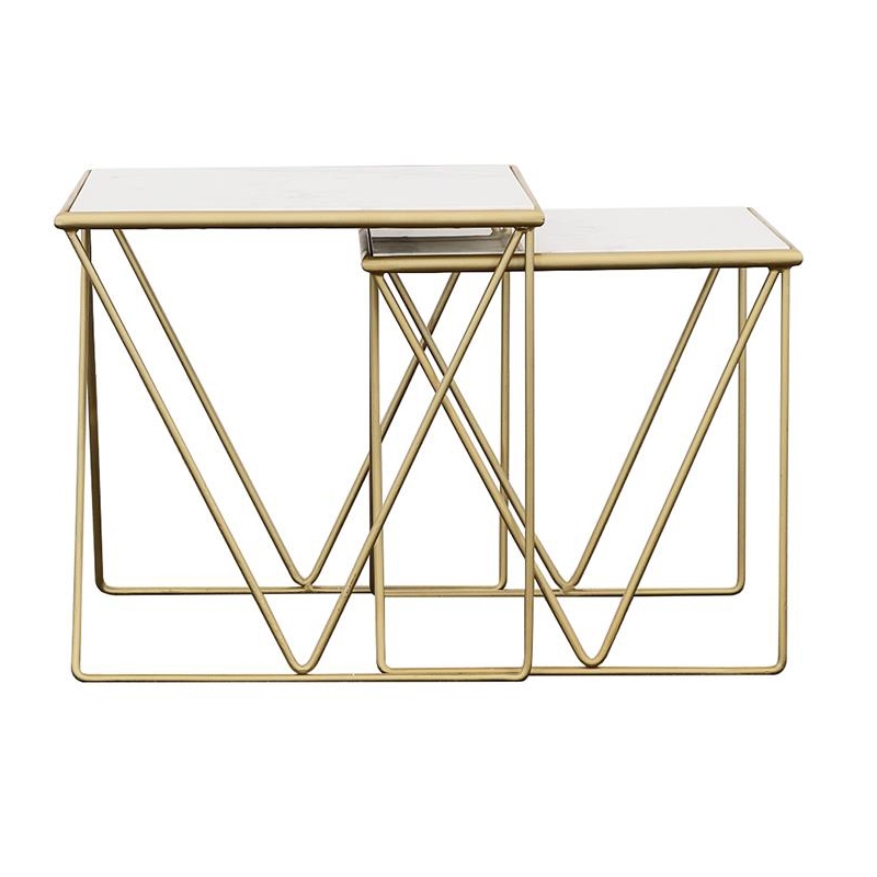 Pemberly Row 2-Piece Marble Top Nesting Table in White and Gold