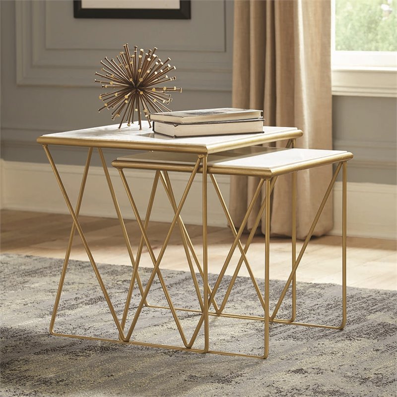 Pemberly Row 2-Piece Marble Top Nesting Table in White and Gold