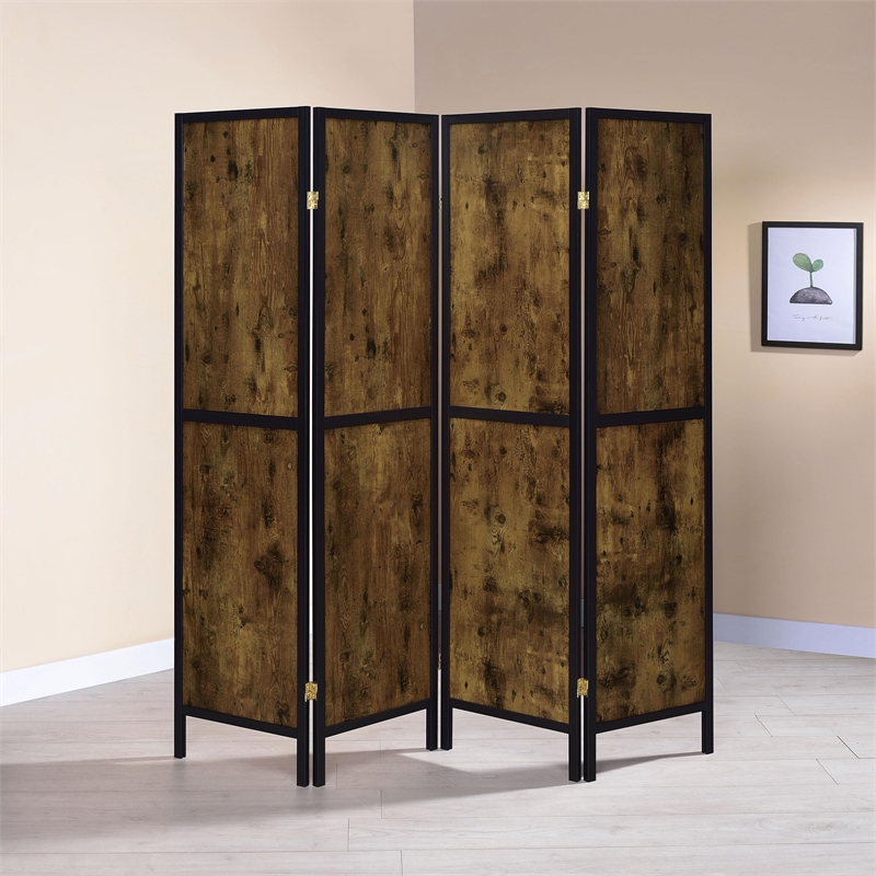 Pemberly Row Farmhouse Wood Four Panels Room Divider with Clean Lines in Nutmeg