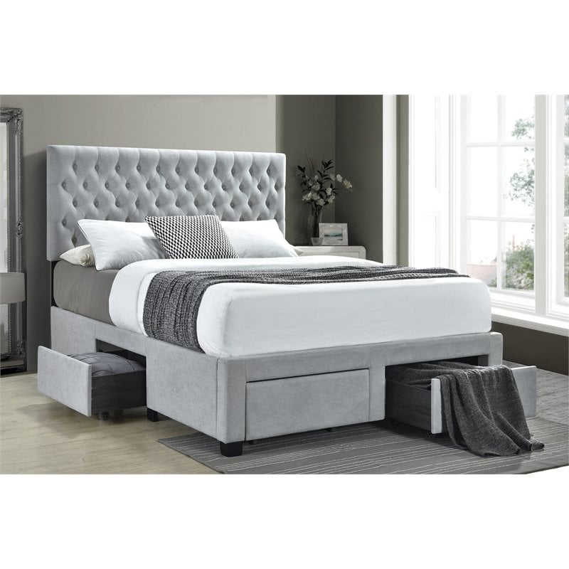 Pemberly Row 4-Drawer Button Tufted Fabric Eastern King Storage Bed in Gray