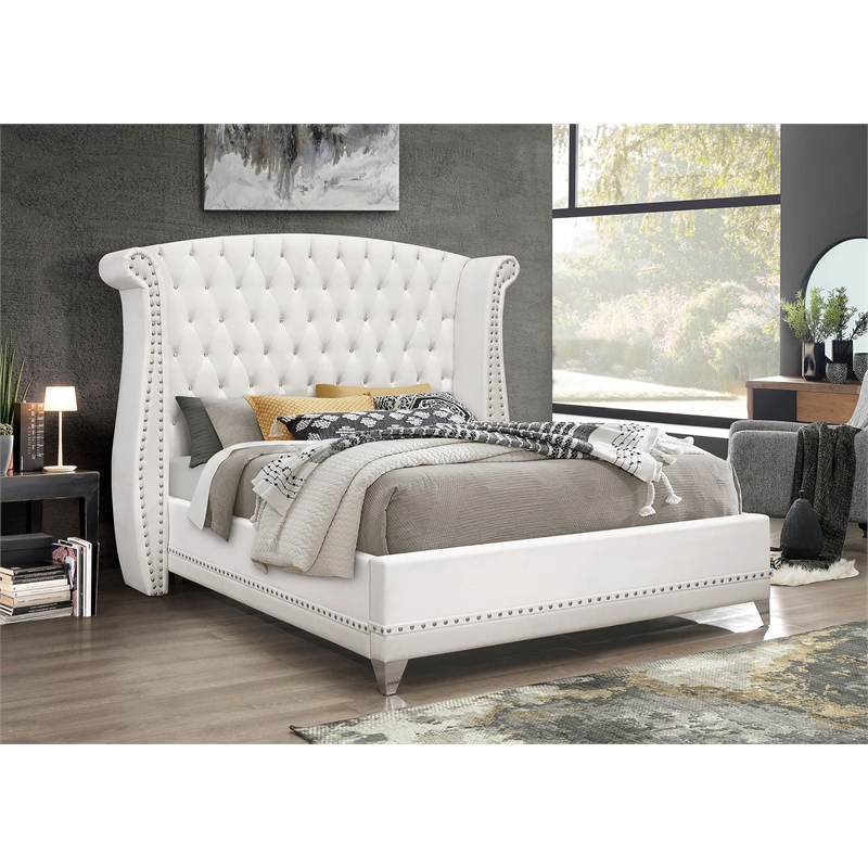 Pemberly Row Wingback Tufted Velvet Upholstered California King Bed in White