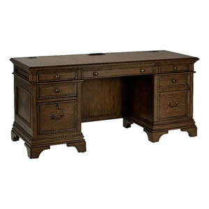 Pemberly Row 66&quot Wood 5-Drawers Credenza Office Desk in Burnish Oak