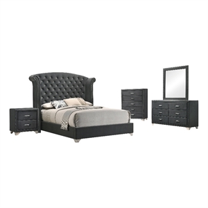 Pemberly Row 5-Piece Contemporary Velvet Eastern King Bedroom Set in Gray