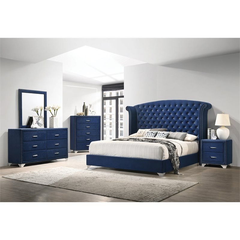 Pemberly Row 5-Piece Contemporary Velvet Queen Bedroom Set in Blue