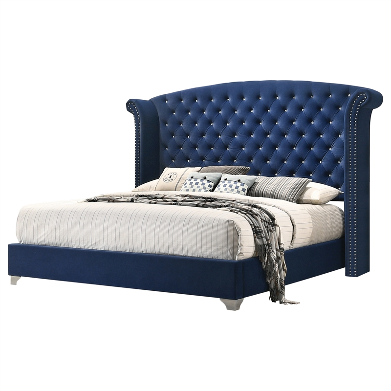 Pemberly Row 5-Piece Contemporary Velvet Queen Bedroom Set in Blue