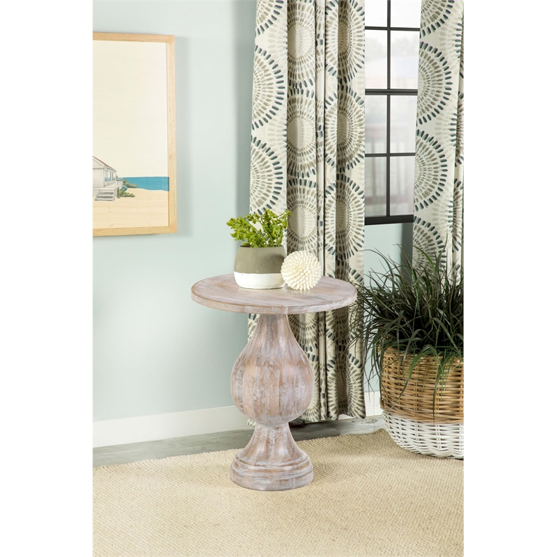 Pemberly Row Pedestal Round Wood Accent Table in White Washed