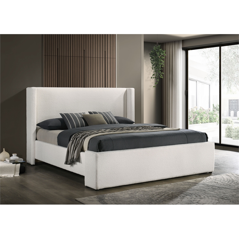 Pemberly Row Boucle Fabric Upholstered Eastern King Platform Bed White