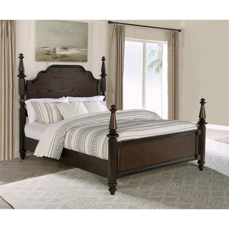 Pemberly Row Four Poster Traditional Wood Queen Bed in Dark Oak