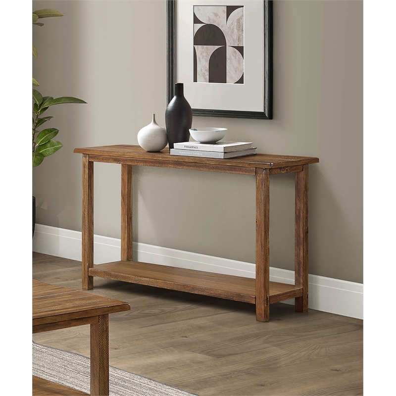 Pemberly Row Rectangular Wood Console Table with Shelf in Distressed Brown
