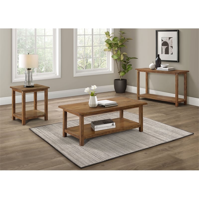 Pemberly Row Rectangular Wood Console Table with Shelf in Distressed Brown