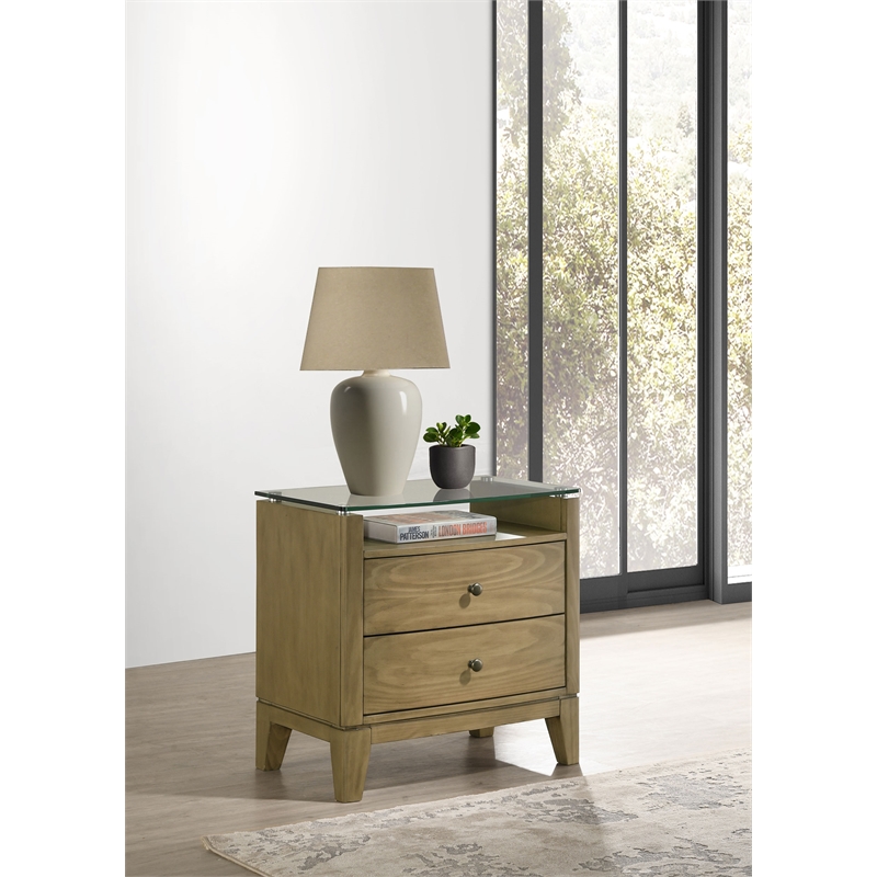 Pemberly Row 2-Drawer Glass Top Modern Wood Nightstand Natural Pine