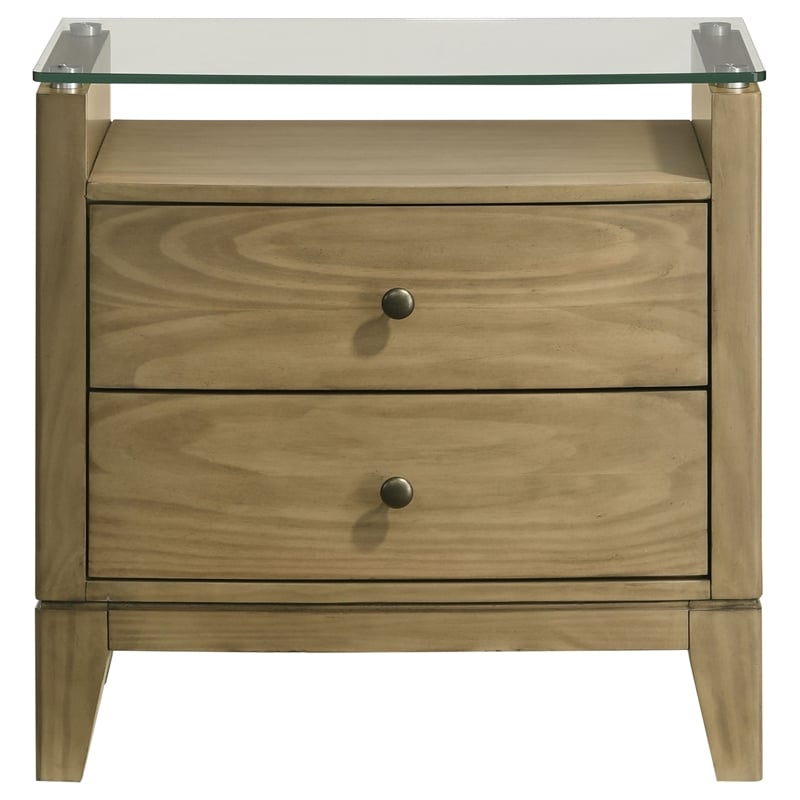Pemberly Row 2-Drawer Glass Top Modern Wood Nightstand Natural Pine