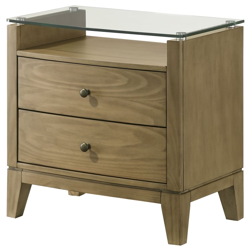 Pemberly Row 2-Drawer Glass Top Modern Wood Nightstand Natural Pine