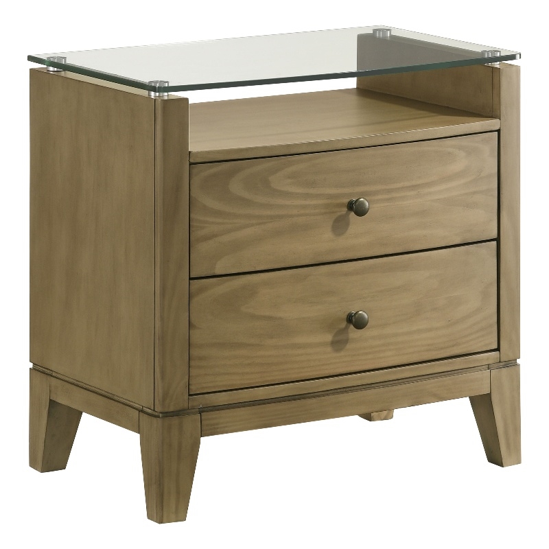 Pemberly Row 2-Drawer Glass Top Modern Wood Nightstand Natural Pine