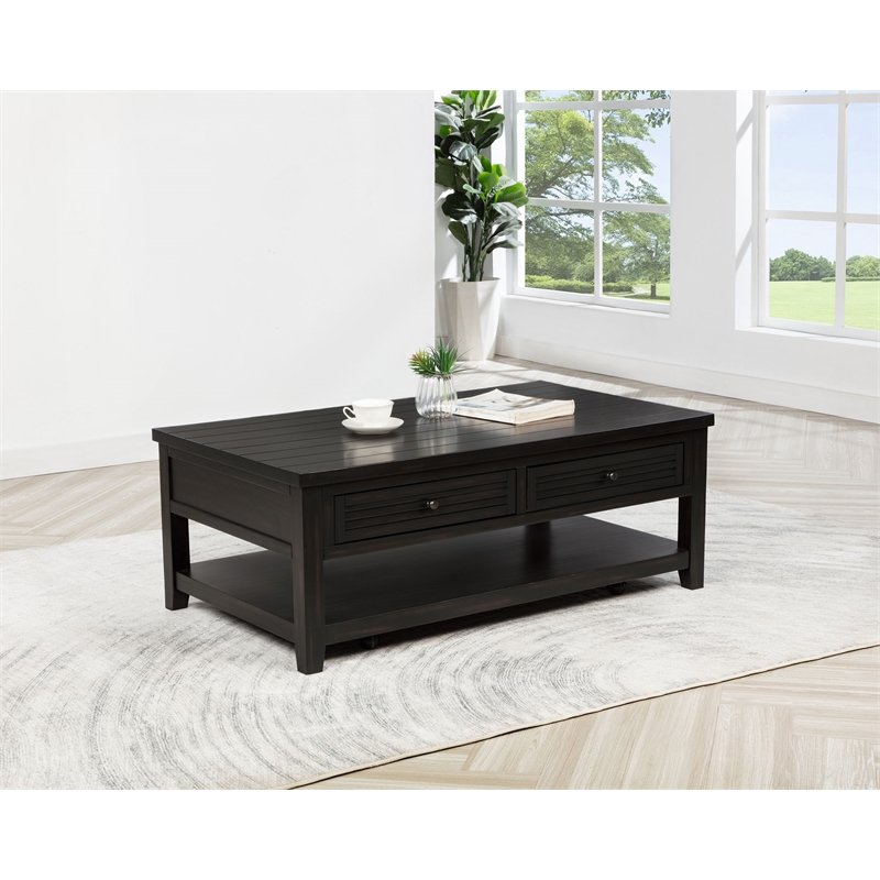 Pemberly Row 2-Drawer Rectangular Wood Coffee Table Distressed Java and Black