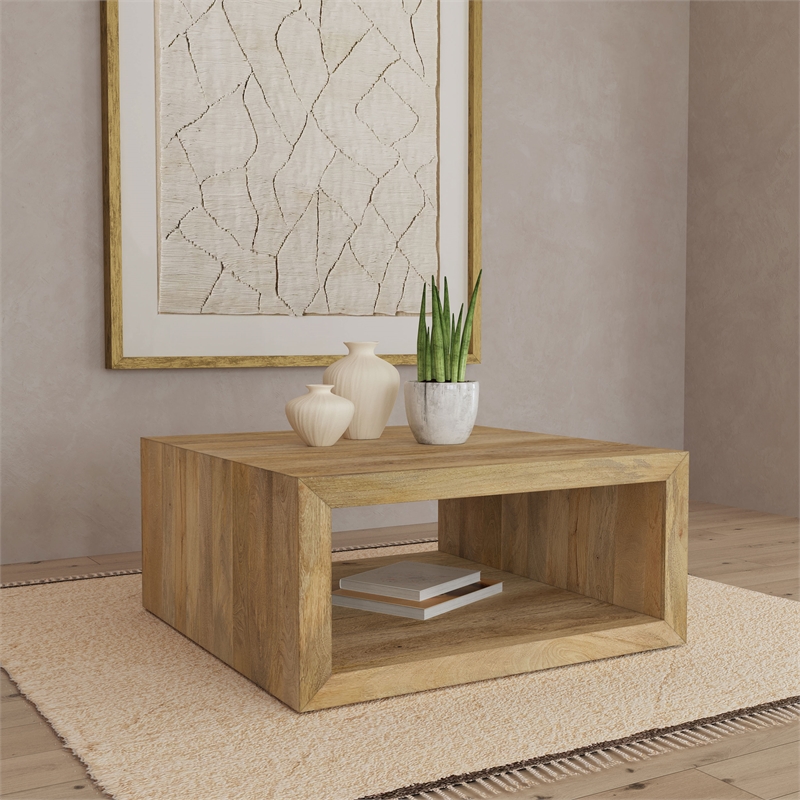 Pemberly Row Square Farmhouse Solid Wood Coffee Table in Natural