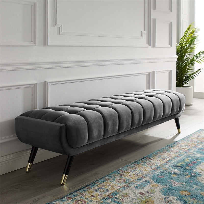 Pemberly Row Tufted Performance Velvet Bench in Gray and Black
