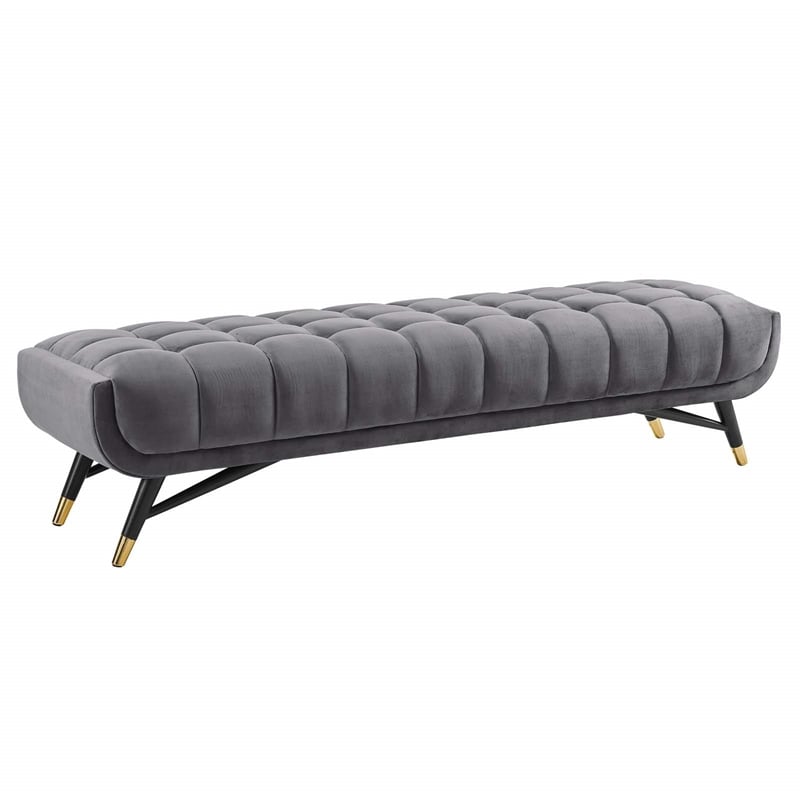 Pemberly Row Tufted Performance Velvet Bench in Gray and Black