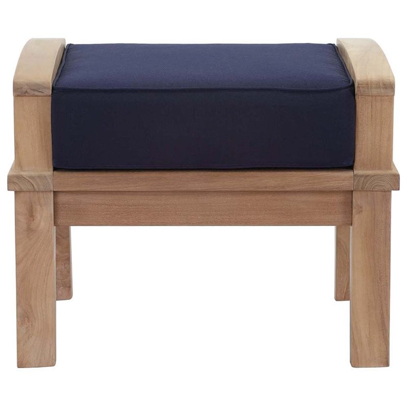 Pemberly Row Contemporary Outdoor Patio Teak Ottoman in Natural Navy