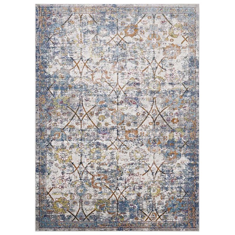 Pemberly Row 4' x 6' Floral Lattice Area Rug in Light Blue and Yellow