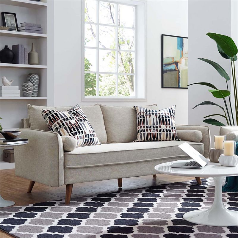 Pemberly Row Modern Fabric Upholstered Sofa in Beige & Walnut