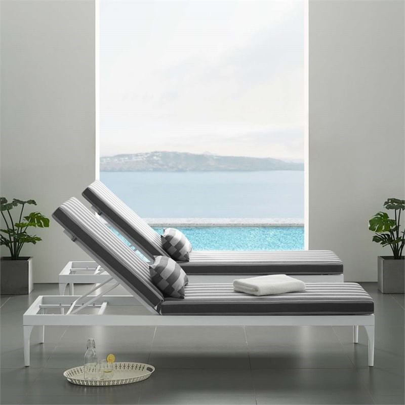 Pemberly Row Aluminum Patio Chaise Lounge Chair in White and Striped Gray