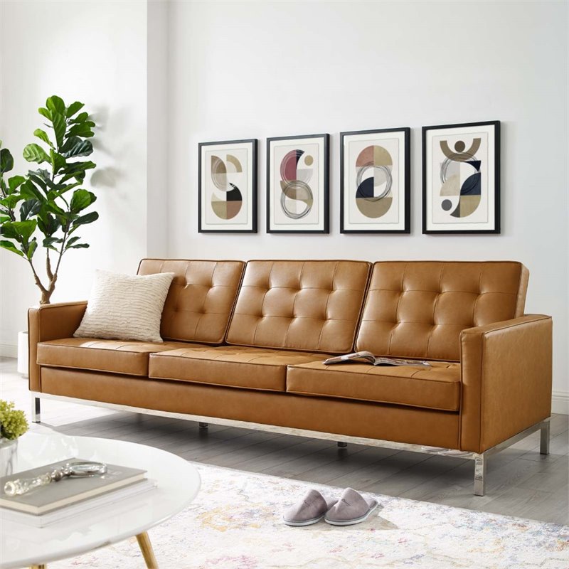 Pemberly Row Tufted Vegan Leather Stainless Steel Sofa in Silver/Tan