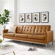 Pemberly Row Tufted Vegan Leather Stainless Steel Sofa in Silver/Tan
