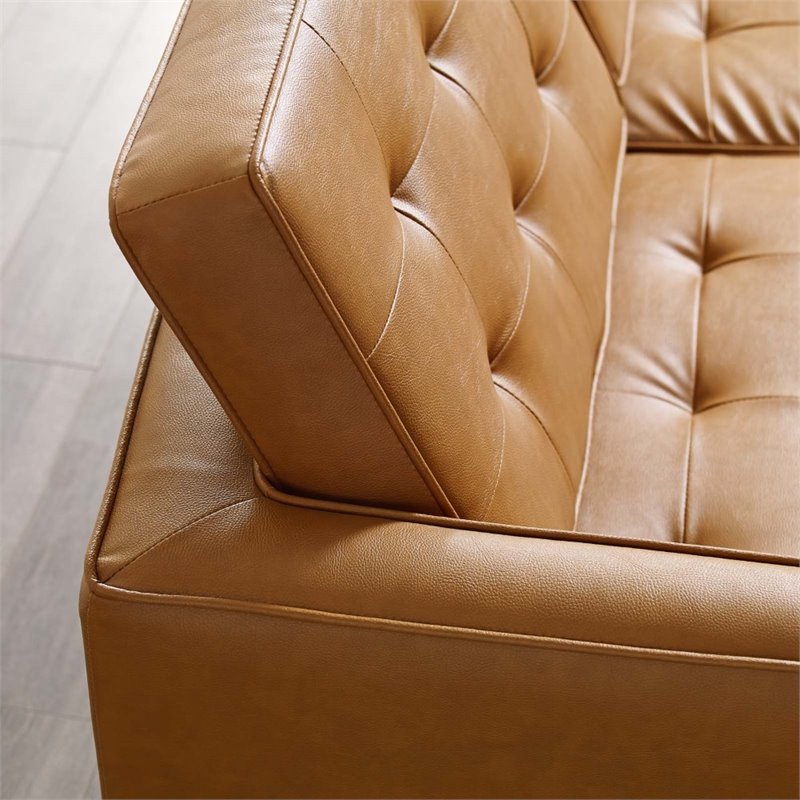 Pemberly Row Tufted Vegan Leather Stainless Steel Sofa in Silver/Tan