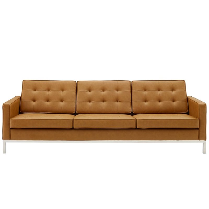 Pemberly Row Tufted Vegan Leather Stainless Steel Sofa in Silver/Tan