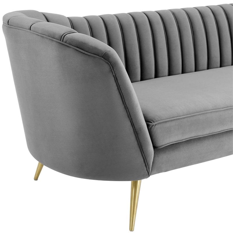 Pemberly Row Vertical Channel Tufted Curved Velvet Sofa in Gray
