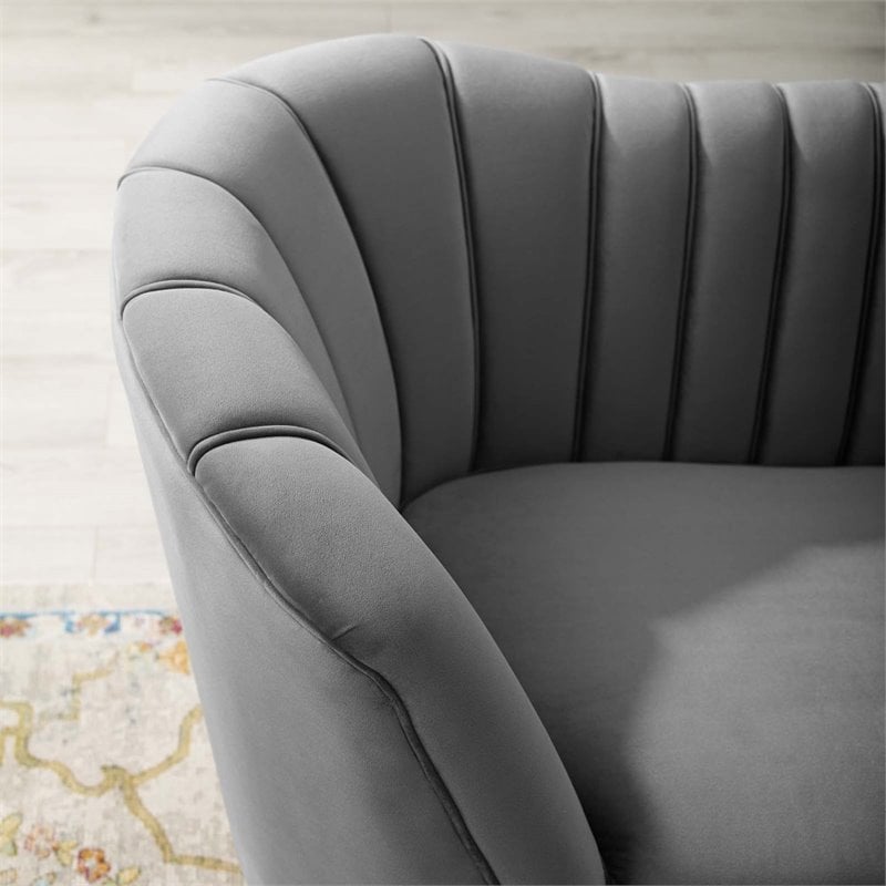 Pemberly Row Vertical Channel Tufted Curved Velvet Sofa in Gray