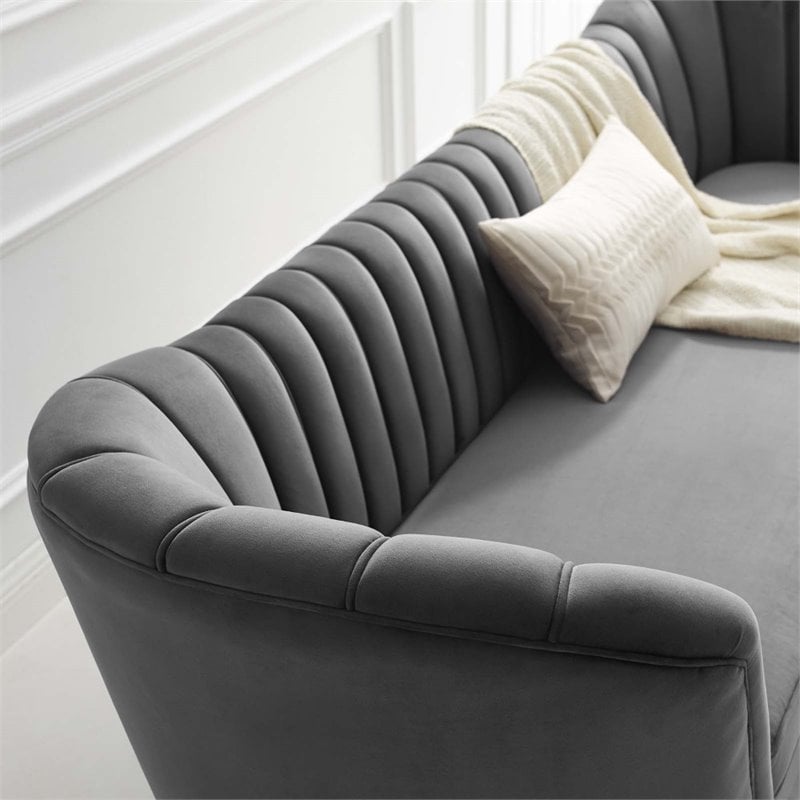 Pemberly Row Vertical Channel Tufted Curved Velvet Sofa in Gray