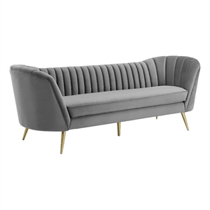 Pemberly Row Vertical Channel Tufted Curved Velvet Sofa in Gray