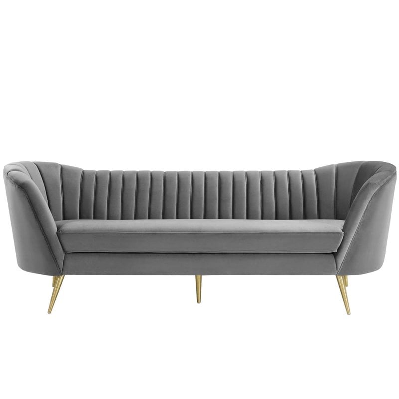 Pemberly Row Vertical Channel Tufted Curved Velvet Sofa in Gray